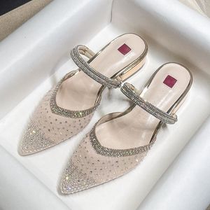 Size 31-43 Low 3CM <b>Block</b> Pointy Toe Sandals RTS Product Mesh Pumps Champagne Luxury Heels for Woman - Product Image 1