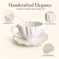 Ensemble tasse et soucoupe à café en céramique gaufrée à pétales blancs purs, bordure fine argentée, forme de coquille, pour le thé de l'après-midi, idéal pour un cadeau