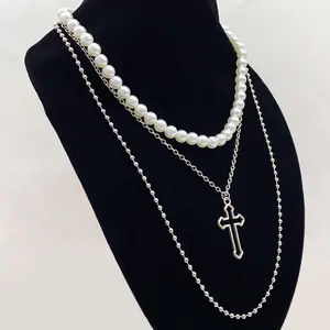 Wholesale Multi-Layered Beads and Silver Plated Link Chain Innovative Pearl Cross Necklace for Women New Fashion Jewelry