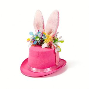 Sombrero de mago con orejas de conejo de Pascua personalizado, accesorio para la cabeza para fiestas de carnaval, para niños y adultos, disfraz de vacaciones de primavera, rosa/blanco, serigrafía - Product Image 4