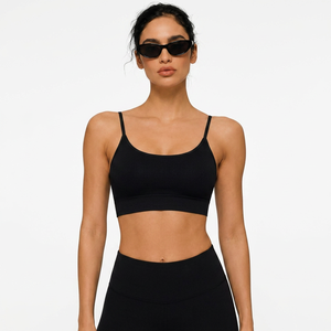 Women's Black Ribbed Seamless Sports Bra Scoop Neck Spaghetti Strap Medium Support Yoga <b>Top</b> Solid Color - Product Image 1
