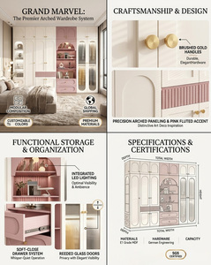 Armoire de chambre d'enfant rose pastel moderne, avec vitrine en verre côtelé, système de dressing encastré de luxe sur mesure - Product Image 4