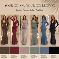 Robe longue sirène moulante à col en V profond et froncée pour femme, manches longues, personnalisable OEM/ODM, couleur sur mesure, marque privée, vente en gros, tenue de soirée