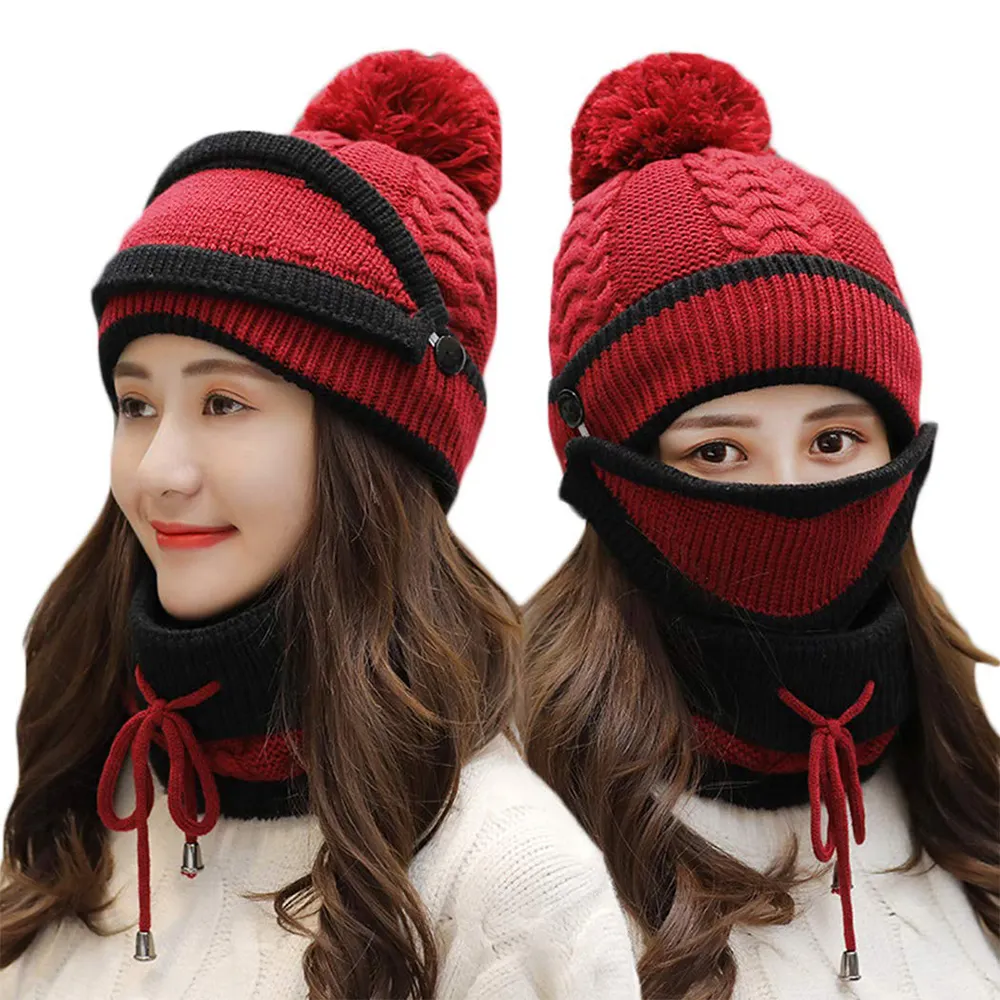 Cappelli caldi foderati in pile invernale per le donne berretto lavorato a maglia cappello sciarpa maschera Set paraorecchie berretto caldo cappello