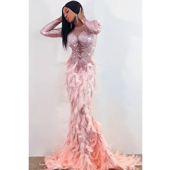 Qianzi Luxury Sexy Long Sleeve Maxi Prom Dress Elegant Wedding Dress Beading Rhinestone Feather Mermaid Gown Evening Dress