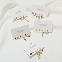 Juego de 5 Pendientes de Aro de Metal con Circonita Verde, Diseño de Gecko, Búho, Dinosaurio, Joyería de Animales, Pendientes Colgantes de Latón con Baño de Oro de 18k para Mujer