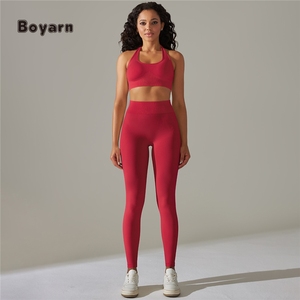 Boyarn femmes élastique dos croisé Sport soutien-gorge licou soutien-gorge sans couture 4 pièces ensemble ventre contrôle bout à bout levage pantalon Yoga Gym Fitness ensemble - Product Image 2