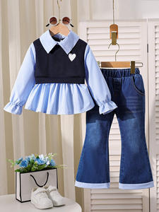 Nuevo otoño Nuevas niñas Flip-Collar Camisa Costura Top con pantalones de campana de mezclilla de dos piezas - Product Image 2