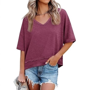 Camiseta de Manga Corta con Cuello en V para Mujer, Diseño Casual de Primavera/Verano, Color Sólido, Transpirable, de Secado Rápido, Algodón de Color - Product Image 2