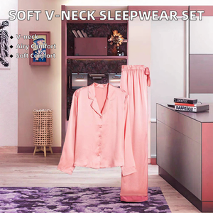 Ensemble de pyjama deux pièces confortable en satin uni pour femme, personnalisable, col en V, fermeture à cordon, manches longues, devant - Product Image 2