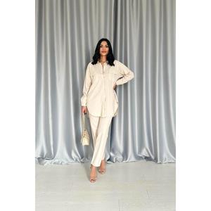 Elegante conjunto de camisa beige para mujer y pantalones con botones a presión, 100% algodón Oxford, traje antiarrugas. - Product Image 4