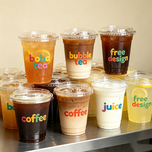 Gobelets en plastique transparent jetables de 8 oz, 9 oz et 16 oz avec logo personnalisé imprimé, pour matcha, bubble tea, soda, café glacé, avec couvercles plats - Product Image 1