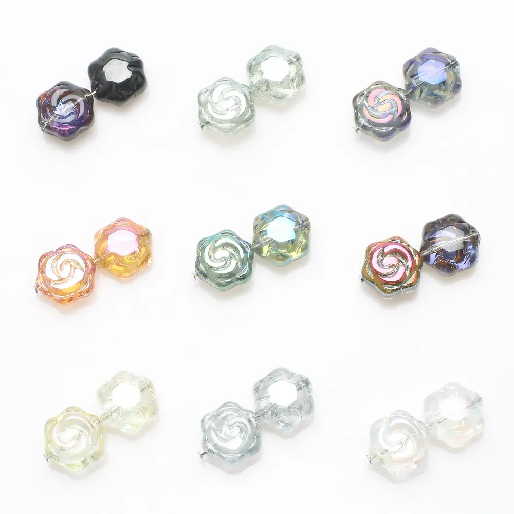 Zhubi 16MM Rose à motifs plat hexagone perles de verre coeur coloré cristal Runestone perles en vrac pour bricolage faisant des breloques à la main