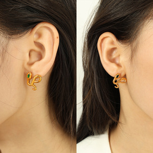 Pendientes con Forma de Serpiente, Chapados en Oro de 18K, con Piedra Verde, Diseño Animal, Joyería de Moda - Product Image 4