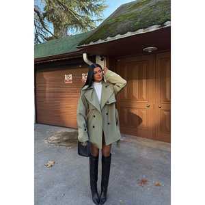 Gabardina Color Caqui con Detalle de Botones, Estilo Casual Largo, Cierre Cruzado, Impermeable, Decoración con Estampado para Otoño/Primavera - Product Image 3