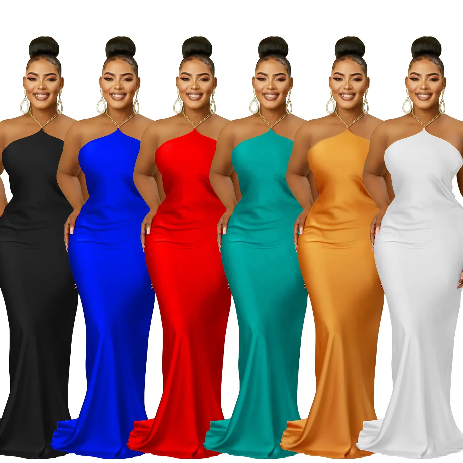 2023 Beste Kwaliteit Mode Satijn Bodycon Verjaardag Jurk Effen Halter Kettingen Off Shoulder Vloer Lengte Elegante Avond Maxi Jurk