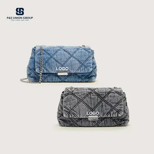 PA0739 Quilted Crossbody Flap Bag Large Denim Crossbody Bag Women Message Bag