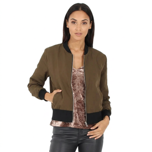 Chaqueta Bomber Ligera Impermeable Verde Oliva para Mujer, con Ribete Negro, Cierre de Cremallera Frontal, Manga Larga, Color Sólido, Tejido de Poliéster, Otoño - Product Image 1