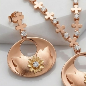 Rose Gold Floral 925 Silver Fine Pendant Necklace <b>Earrings</b> Set for Women <b>Crystal</b> <b>Studded</b> Chain Elegant Fashion Jewelry Party - Product Image 4