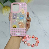Étui de téléphone portable adorable pour iPhone 11 12 13 14 15 16 17 Pro Max Air, pochettes roses avec bracelet chaîne à perles