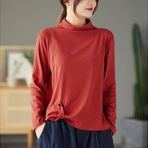 Women's Long Sleeve T-Shirt High Neck Button Design Yellow Soft Knit <b>Top</b> Spring Autumn Base <b>Layer</b> - Product Image 2