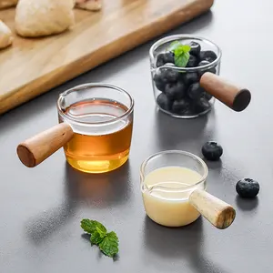 lovely design multi-functional glass taste dish mini coffee cup measuring for milk coffee with wooden handle