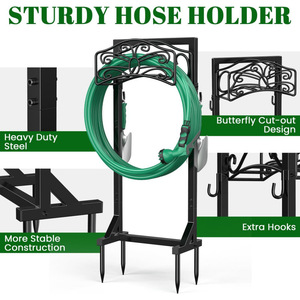 Freestanding <b>garden</b> hose rack with tool <b>hooks</b>, accommodates 150 feet of hose, outdoor patio lawn storage. - Product Image 3