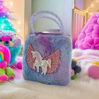 Porte-monnaie licorne en peluche dégradé avec ailes à paillettes, mini portefeuille pour filles, pochette de rangement douce et moelleuse à motif de dessin animé avec pendentif boule colorée
