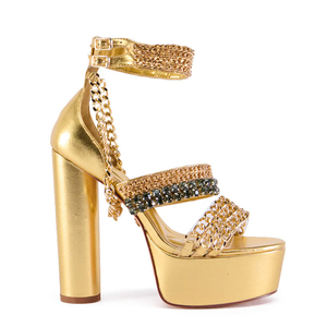 Sandales à talons épais et plateforme pour femme, avec chaîne en métal doré, bout ouvert, chaussures de mode d'été - Product Image 5