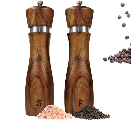 Elegant Modern Eco-Friendly Set Of 2 Acacia Wood Salt And Pepper Shakers With Ceramic Core Grinder For Spice Use