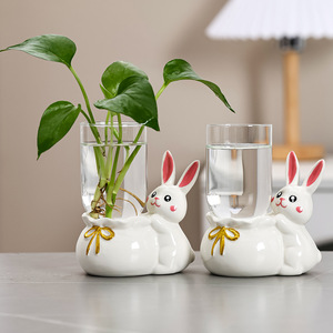 Vase hydroponique en céramique en forme de lapin, lot de deux, décoration de table pour le bureau, cadeau de Pâques, style moderne - Product Image 2