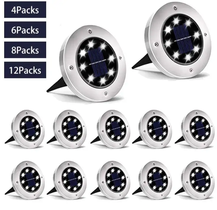 Hot Sale 8 Auto On/off Night Security Disk Powered Led Garden Light Walkway Outdoor Solar Ground Lights