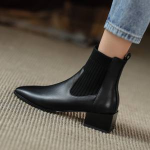 <span class=keywords><strong>Stivaletti</strong></span> da donna scarpe in pelle per l'inverno stivale <span class=keywords><strong>tacco</strong></span> grosso punta quadrata punta regolabile slip on sock boot vendita diretta in fabbrica - Product Image 6