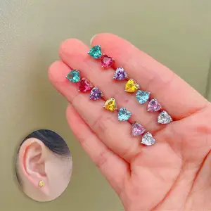 2023 New Cute Love White Gold Plated Colored Crystal Cubic Zirconia Earrings Heart Shaped 6MM Tiny Heart CZ Stud Earrings