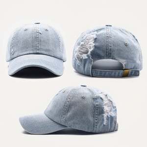 OEM Custom Plain Blank Worn Out <b>Denim</b> Baseball Cap,Unisex Distressed <b>Denim</b> Fabric Dad <b>Hat</b>,Luxury Gorras Washed Blue Jeans Cap - Product Image 1