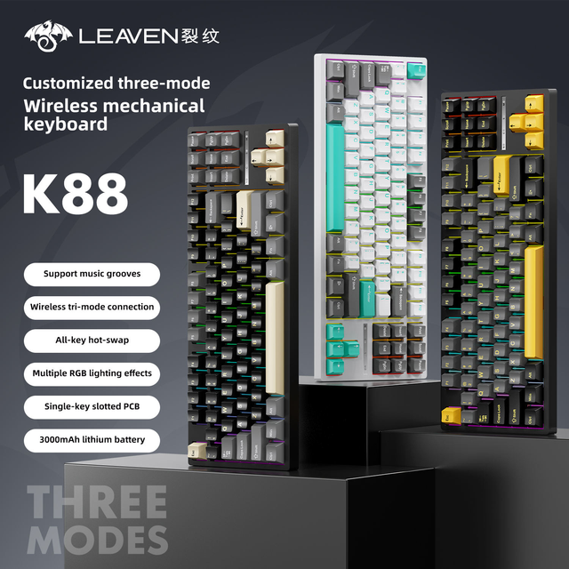 LEAVEN K88 RGB Hot-Swap Programmable 87-Key Mechanical Gaming Keyboard Plug&Play Three Modes Type-C 2.4Ghz Wireless Keyboard