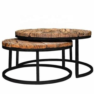 Juego de mesa de centro redonda de madera Vintage Reclaimed Indian Sleeper, juego de mesa central de 2 - Product Image 1