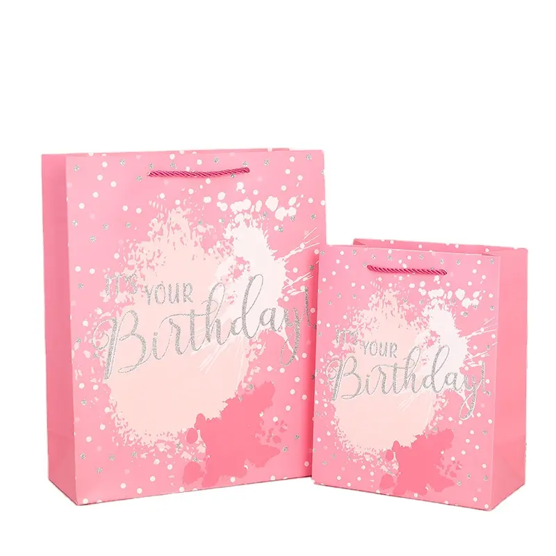 Biodegradable Pink Happy Birthday Gift Bags Holiday Party Celebration Paper Bag