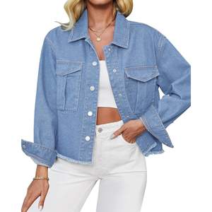 2025 Women's Trendy Oversized <b>Jean</b> Jacket <b>Raw</b> <b>Hem</b> Long Sleeves Fashion Casual Shacket Pockets Button Decoration Loose Fit - Product Image 1