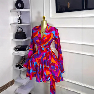 Women's Wrap V-Neck Ruffled <b>Mini</b> Dress - Bold Geometric <b>Print</b> Long Sleeve Party Womens Dresses Fashion - Product Image 1