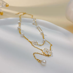 Fashon Mujeres Collar en capas Acero inoxidable Doble capa Perlas largas Cuelga Collar de diseño de flores - Product Image 3