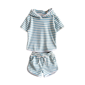 Ensemble 2 pièces en tissu éponge pour bébé, ensemble court à capuche rayé pour garçons et filles en bas âge - Product Image 2