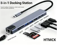 Hub USB 3.0 C 8-en-1 avec 4K pour lecteur de carte RJ45 SD/TF, adaptateur Type C à charge rapide PD