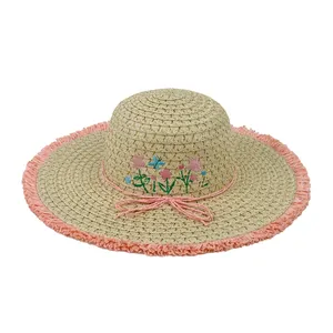 夏季时尚花朵刺绣软盘草帽，边缘带粉色刷子波西米亚宽边遮阳篷纸草帽