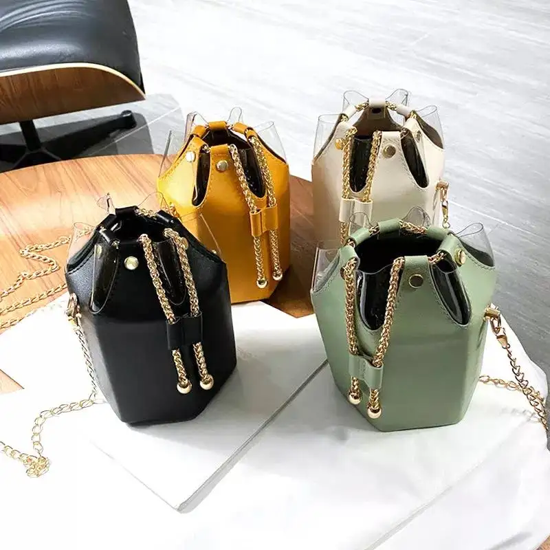 Wholesale Cute Splice Pvc Pu Chain Purse Crossbody Women Bucket Bag Handbags with Drawstring 2022