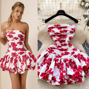 Gonna a pieghe elasticizzata con spalle arricciate e orlo a balze, stile vacanza francese, invernale, senza spalline, per donna - Product Image 2