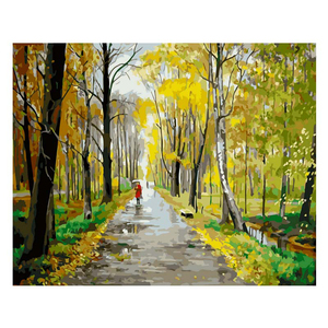 Fille en robe rouge marche dans les bois avec un tableau décoratif à peindre par numéros - Product Image 1