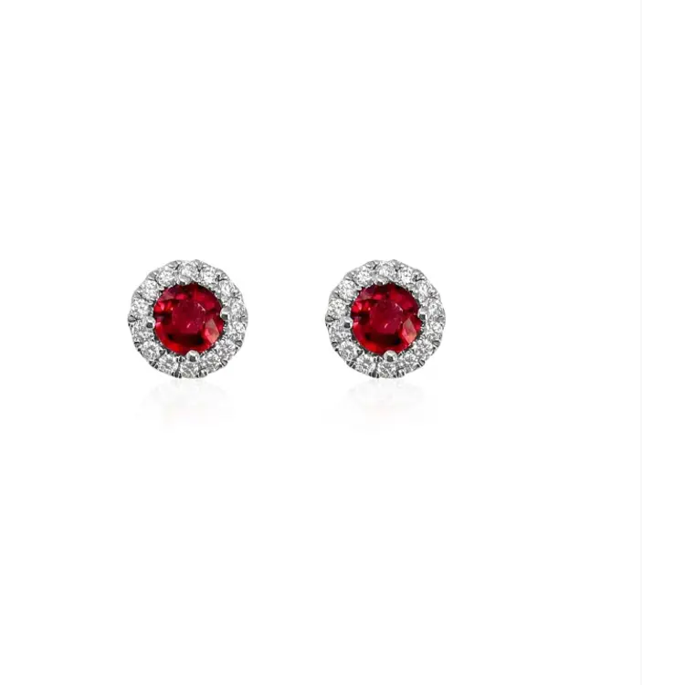 Ruby diamond earring-Halo 18K White Gold Earring-Stud Gift for her Ruby-Halo stud earrings