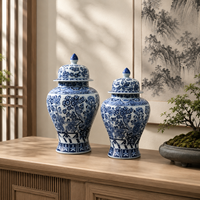 Pot décoratif en céramique bleu et blanc, motif floral, avec couvercle, pour table console, armoire, décoration de salon