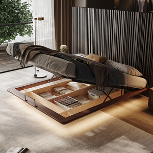 Headboard-Free Floating <strong>Bed</strong> in Full Genuine Leather Italian Minimalist Storage Platform <strong>Bed</strong> for Master <strong>Guest</strong> Small-Space Double - Product Image 3